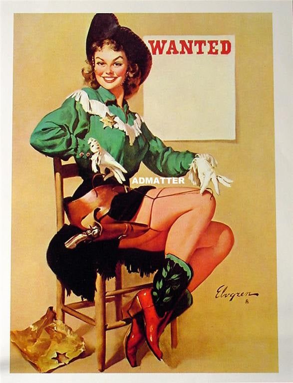 Gil Elvgren Vintage Pinup Girl Sexy Cowgirl Sheriff Pin Up Photo In Cowboy Hat Boots Gloves 6475